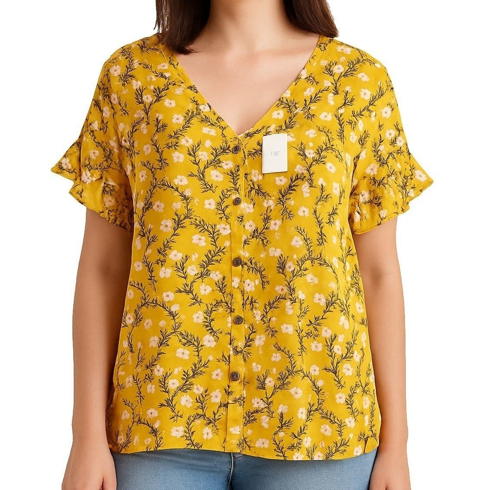 Ninexis Yellow Floral Button Front Ruffle Sleeve Blouse Short Sleeve Top S NWT